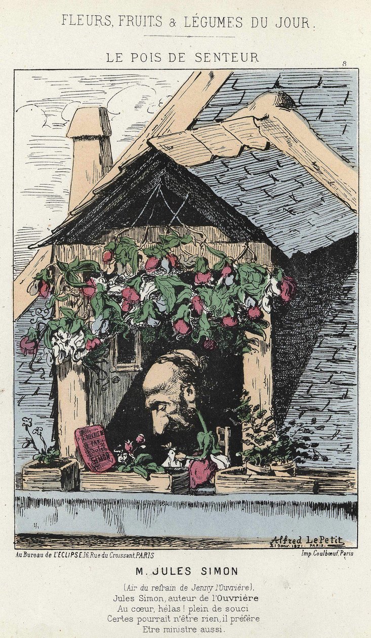 Le Peas de Fragreur: karikatura o Julesi Simonovi (1814 - 1896) - nemoc. od 12/01/187 v „Květiny, ovoce a zelenina dne“ od Alfred Le Petit