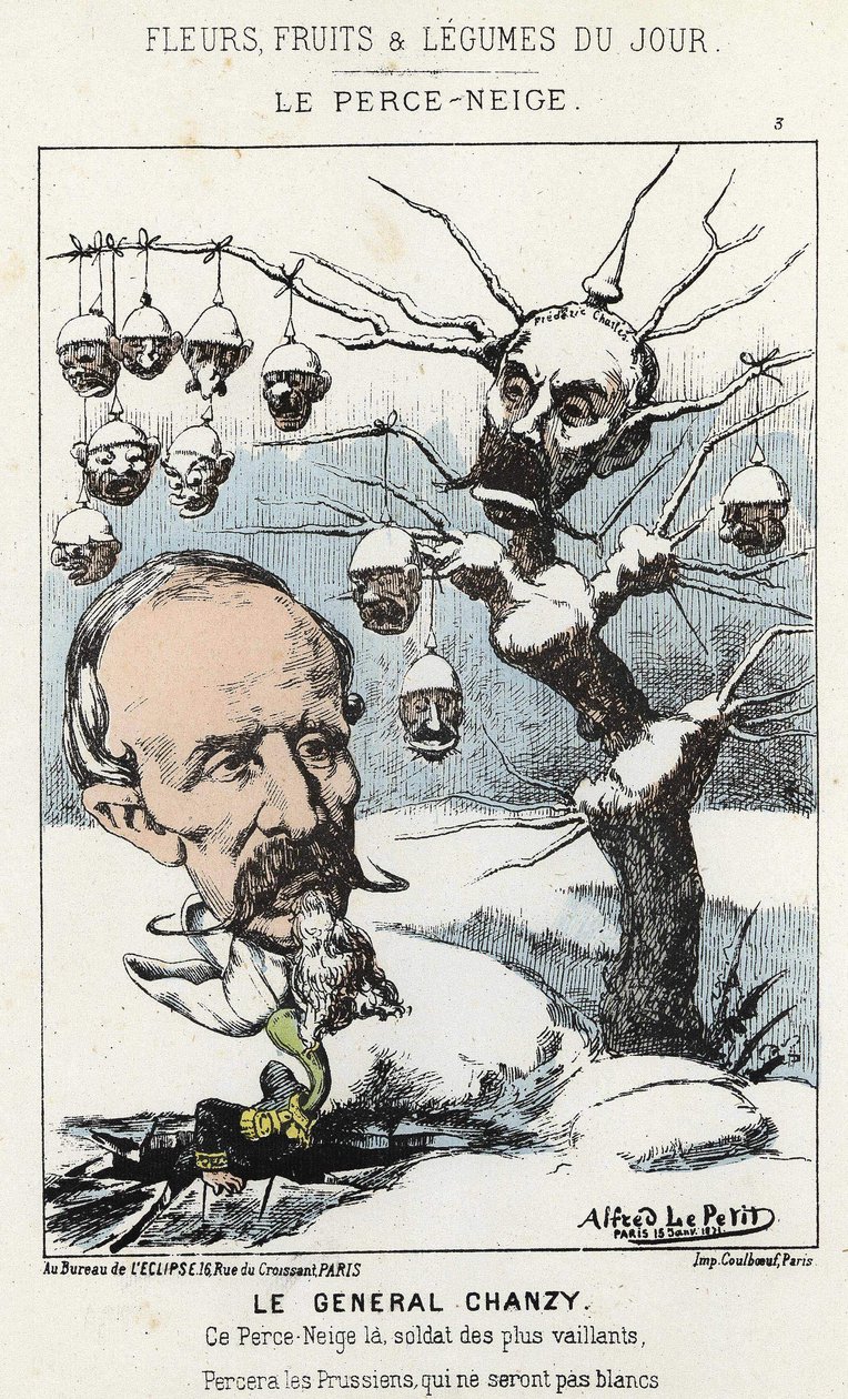 Le Perce-Neige: karikatura o generálu Antoine Alfred Eugène Chanzy (1823 - 1883) - nemoc. od 15. 1. 1871 v „Květiny, ovoce a zelenina dne“ od Alfred Le Petit