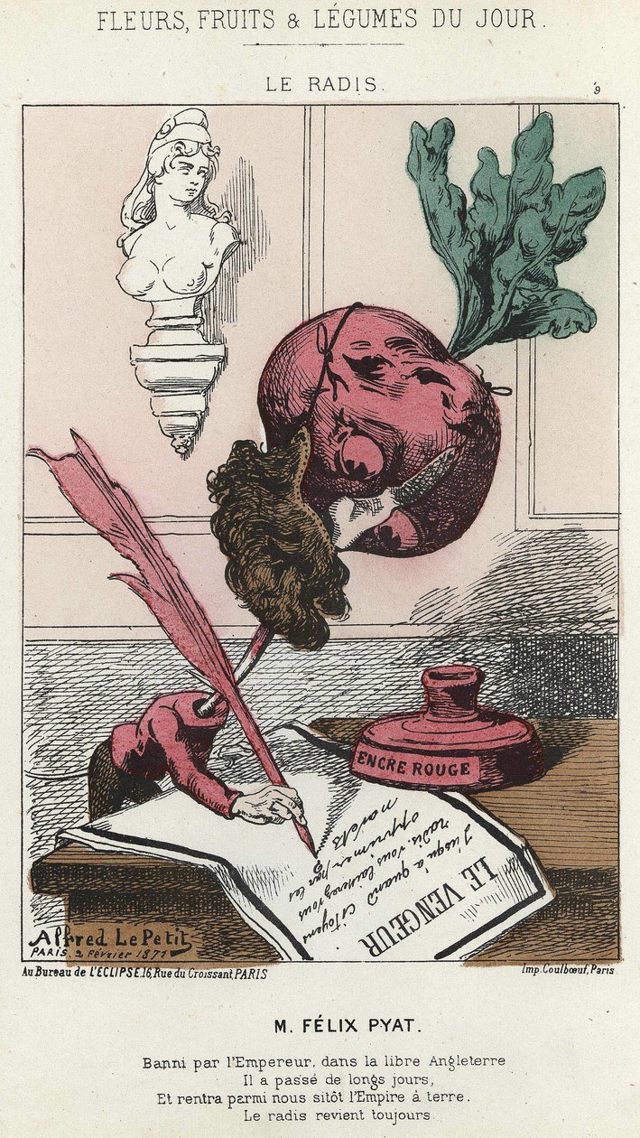 Le Radis: Cartoon on Félix Pyat (1810 - 1889) - nemoc. ze dne 02.02.187 v „Květiny, ovoce a zelenina dne“ od Alfred Le Petit