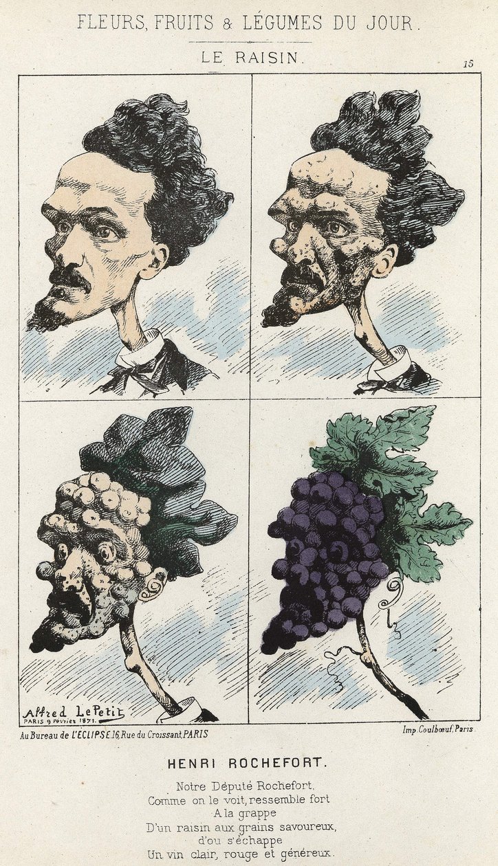 Le Raisin: Kreslený film o Henri Rochefort - nemocný. od 9.2.1871 v „Květiny, ovoce a zelenina dne“ od Alfred Le Petit