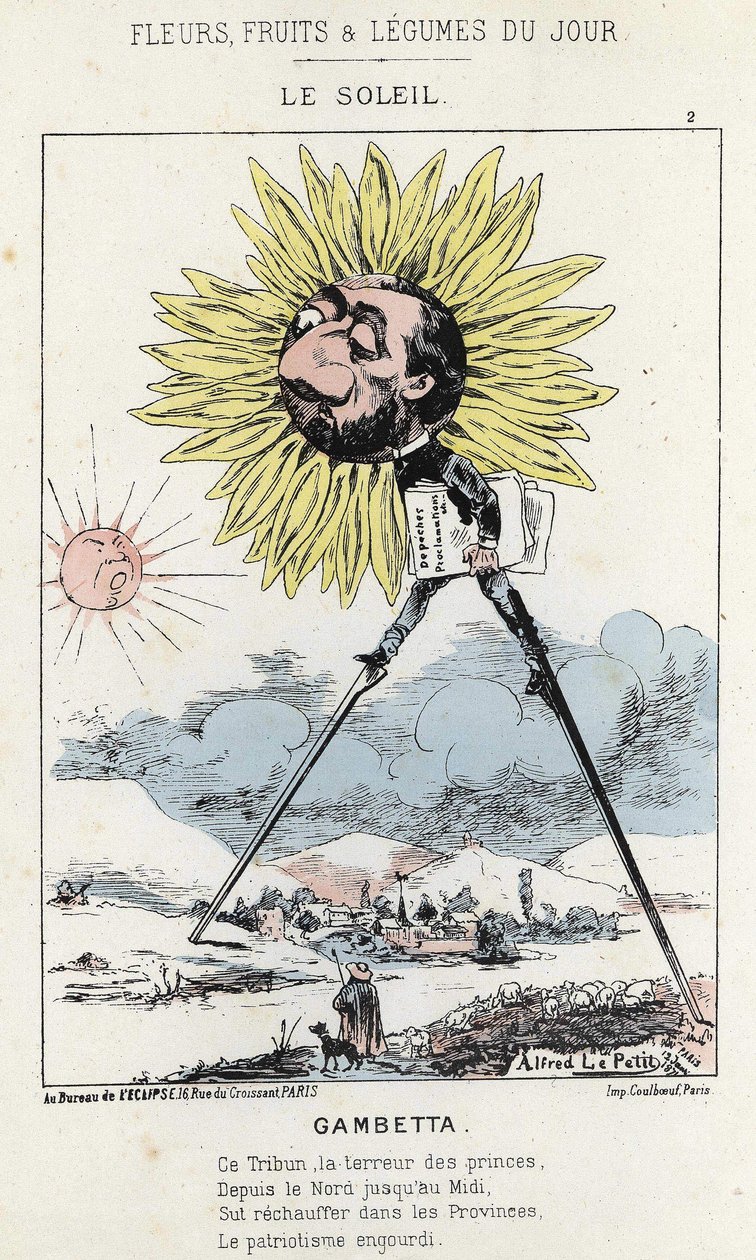 Le Soleil (slunečnice): karikatura na Gambettě (1838 - 1882) - ill. od 12.01.1871 v „Květiny, ovoce a zelenina dne“ od Alfred Le Petit