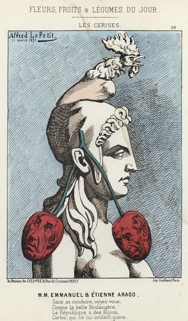 Les Cherry: karikatura na MM Emmanuel a Etienne Arago - nemocný. ze dne 11/03/1871 v „Květiny, ovoce a zelenina dne“ od Alfred Le Petit