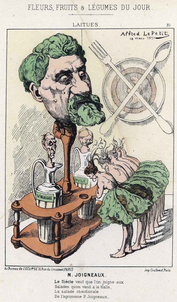 Saláty: karikatura na Joigneaux - ill. od 18. 3. 1871, v „Květiny, ovoce a zelenina du Jour“ od Alfred Le Petit