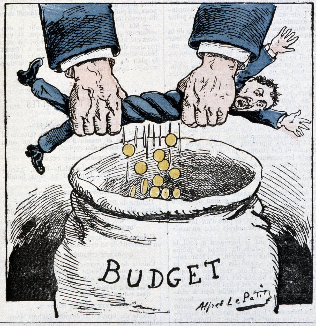 Chudák daňový poplatník, díky Říši! : karikatura o daních a rozpočtu – od A. Le Petittyho, v „Le Sans-Culotte““ od Alfred Le Petit