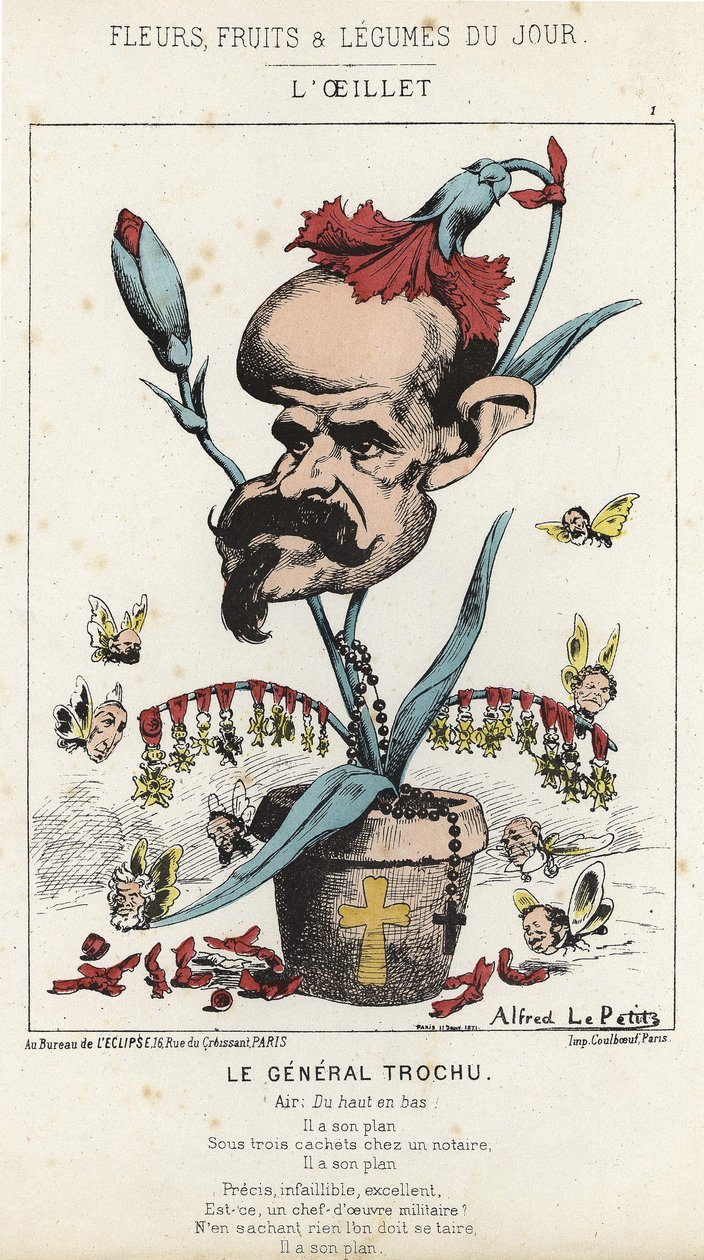 Karafiát: Karikatura na generála Louise Julese Trochu (1815 - 1896) - nemoc. ze dne 11.01.1871 v „Květiny, ovoce a zelenina dne“ od Alfred Le Petit