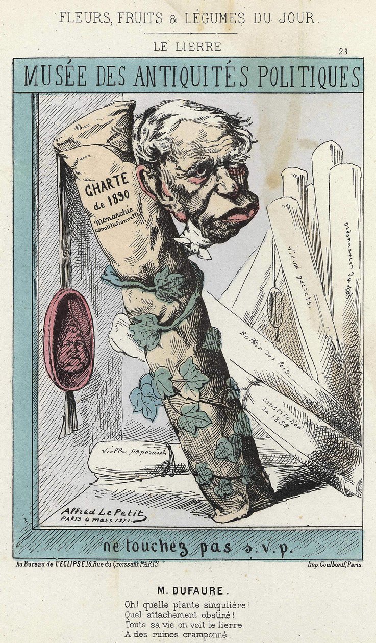 Ivy: Cartoon on Jules Armand (Jules-Armand) Dufaure (1798-1881) v břečťanu obklopující roli papíru s nápisem „Charta z roku 1830“ a pečetí s hlavou krále Ludvíka Filipa 1. - nemocný. ze dne 04.03.1871 v ”Květiny, ovoce a zelenina of the od Alfred Le Petit
