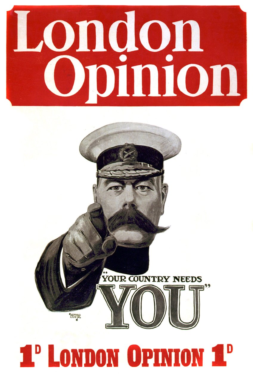 První světová válka: plakát k náboru britských vojáků: Velitel Lord Horatio Herbert Kitchener z Chartúmu (1850-1916), britský voják a státník poukazující na vojenský potenciál „Země vás potřebuje“ Kresba Alfreda Leeteho (1882-1933) 191 od Alfred Leete