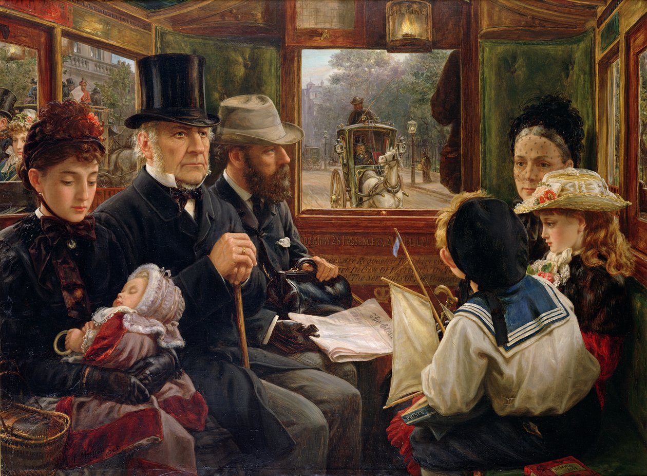 Omnibus Ride to Piccadilly Circus, pan Gladstone cestuje s obyčejnými cestujícími, 1885 od Alfred Morgan