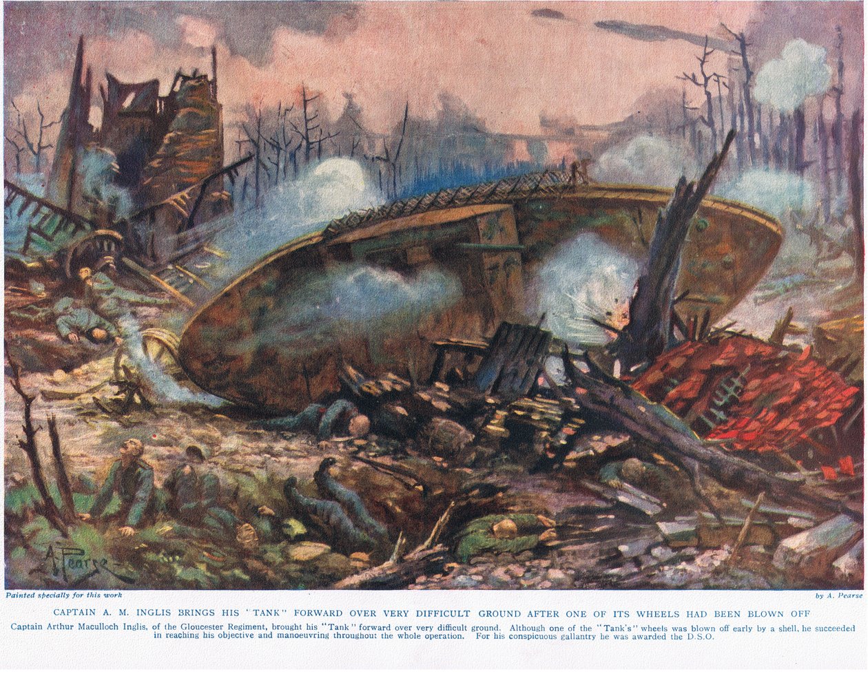 Kapitán A.M. Inglis přivádí svůj tank vpřed po velmi obtížném terénu poté, co mu prasklo jedno z kol, ilustrace z 