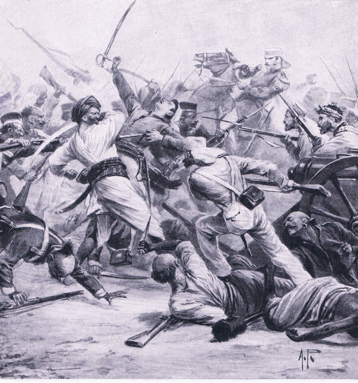 Nicholsonova porážka rebelů u Najafgarhu, 2. srpna 1857, ilustrace z britských bitev na souši a na moři, 1915 od Alfred Pearse