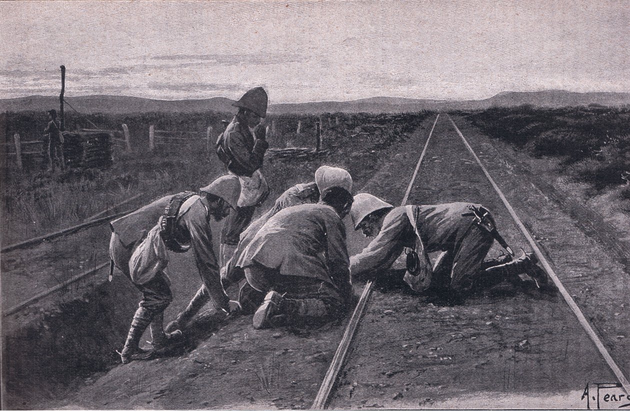 Naše jednotky vyhodí do povětří vojenskou železnici severně od Bloemfonteinu (litho) od Alfred Pearse