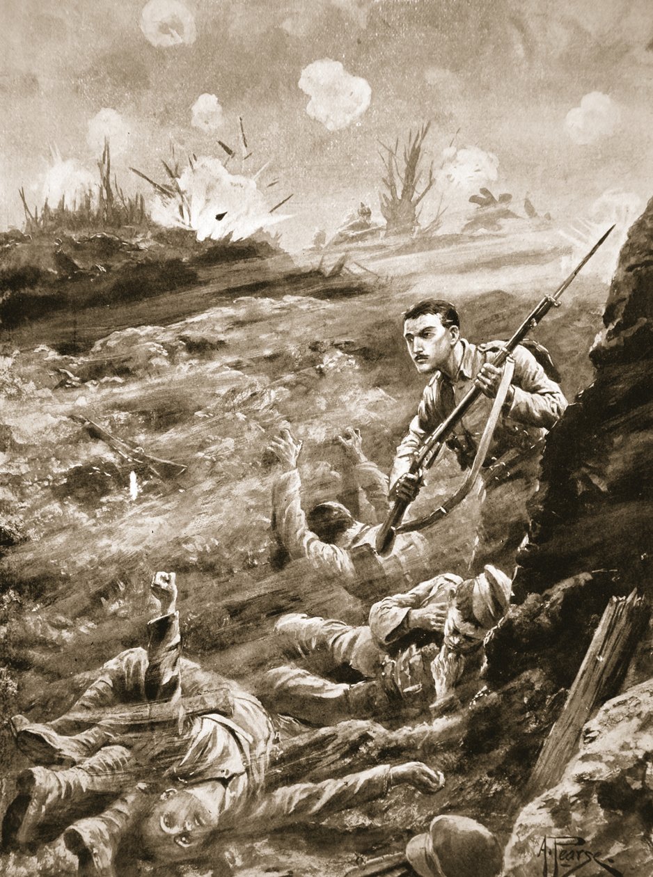 Vojín E. Warner držel jednou rukou příkop, který byl evakuován po plynovém útoku od Alfred Pearse