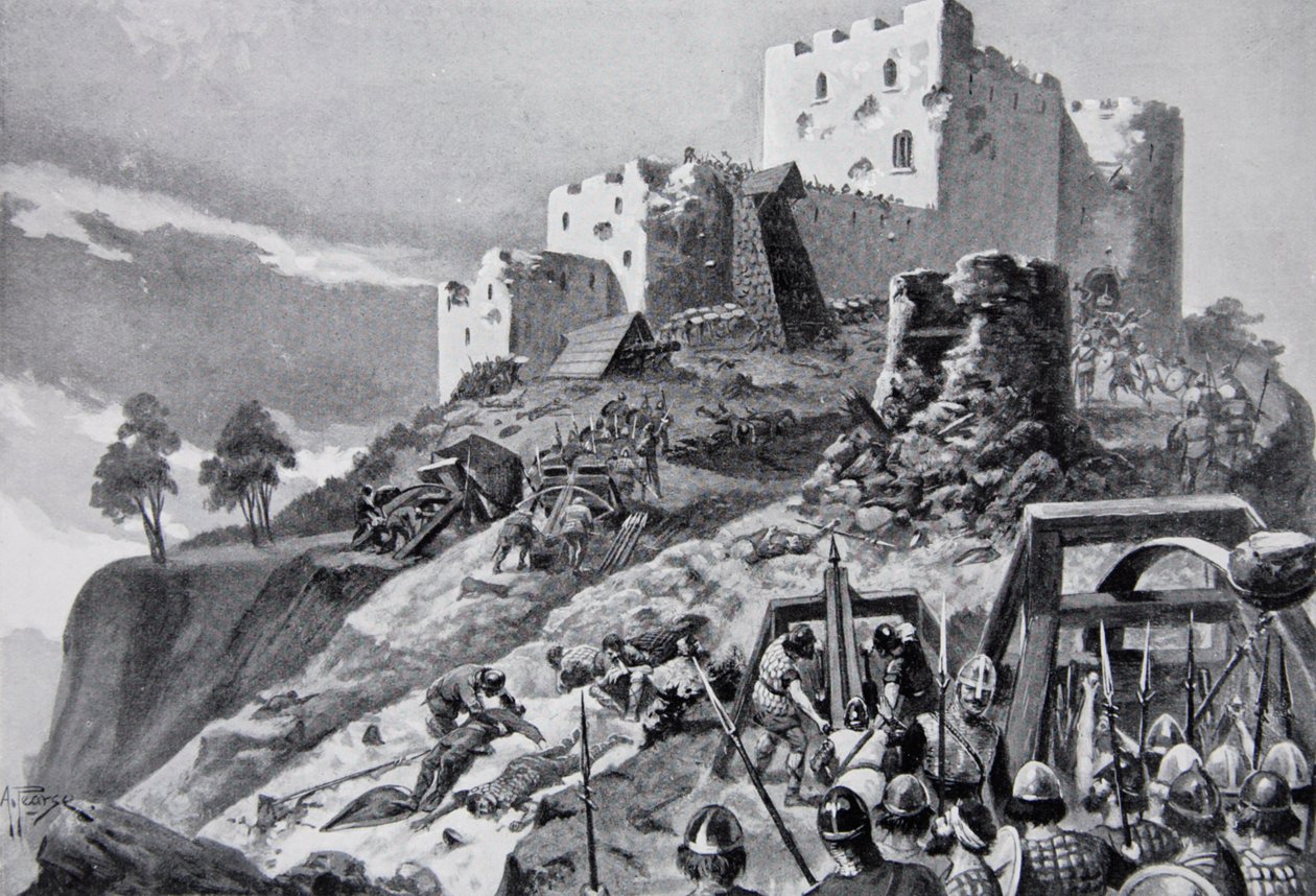 Velšský útok na hrad Montgomery v roce 1095 vedený Cadwganem ap Bleddynem, princem z Powys, ilustrace z 