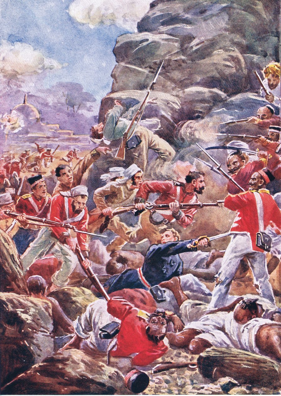 Obležení Dillí: Útok na průlom, ilustrace z britských bitev na souši a na moři, 1915 od Alfred Pearse