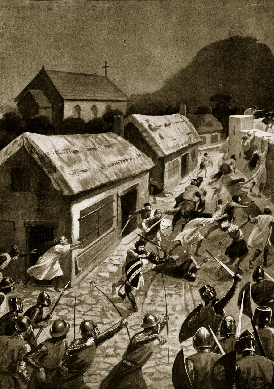 Útok Skotů na Berwick, listopad 1354, ilustrace z „Hutchinsonova příběhu britského národa“, kolem roku 1920 od Alfred Pearse