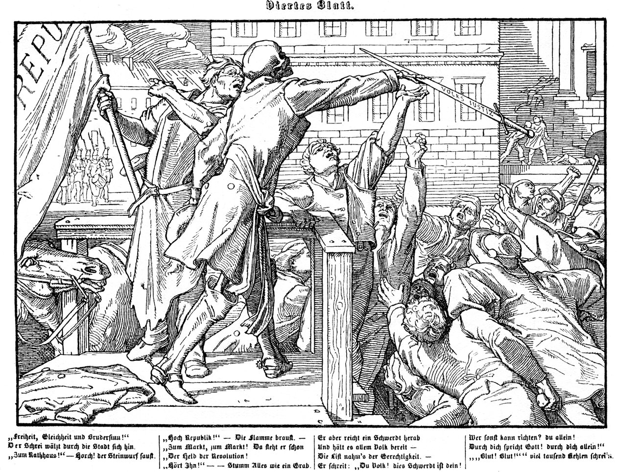 Totentanz 1848: Smrt nabízí meč spravedlnosti od Alfred Rethel