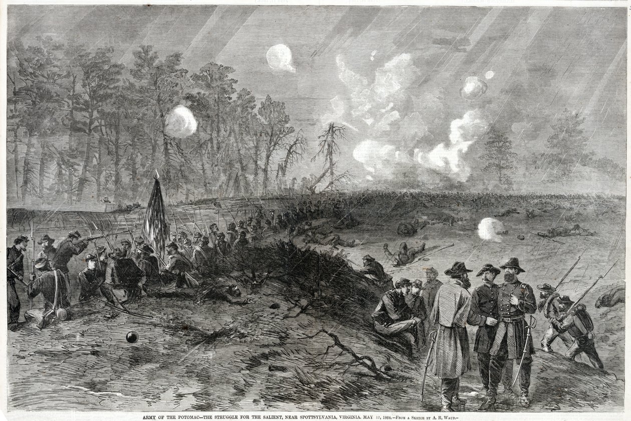 Army of the Potomac – The Struggle for the Salient, poblíž Spottsylvania, Virginia. 12. května 1864, od Harpers Weekly, pub. 1864 od Alfred Rudolph Waud