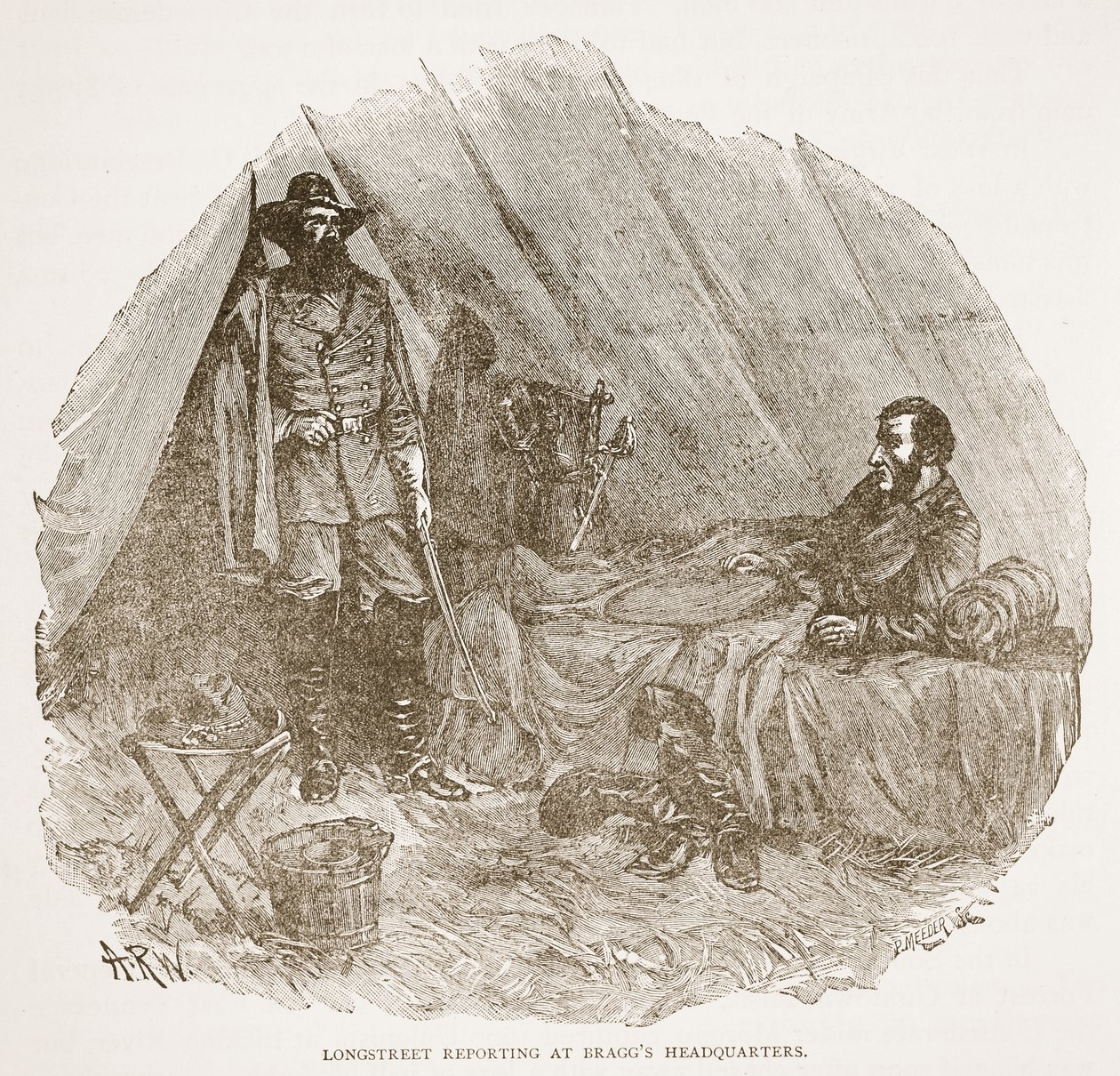 Longstreet podává hlášení na Braggově velitelství, z knižní publikace. 1896 od Alfred Rudolph Waud