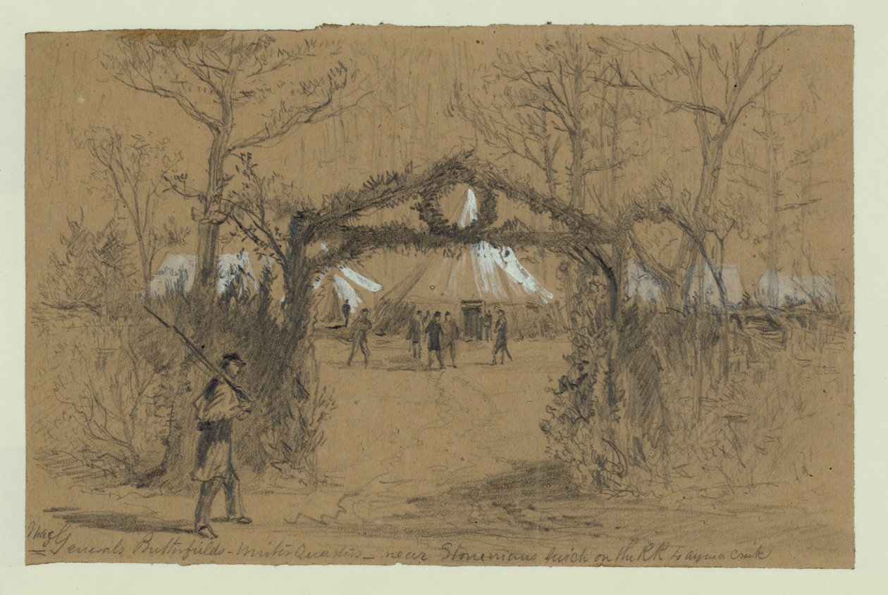 Generálmajor Butterfields Winter Quarters-poblíž Stonemanovy výhybky na R.R. do Aquia Creek od Alfred Rudolph Waud