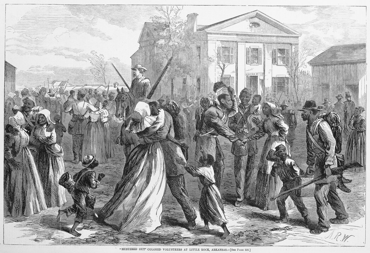 Shromážděni barevní dobrovolníci v Little Rock v Arkansasu z hospody Harpers Weekly. 1866 od Alfred Rudolph Waud