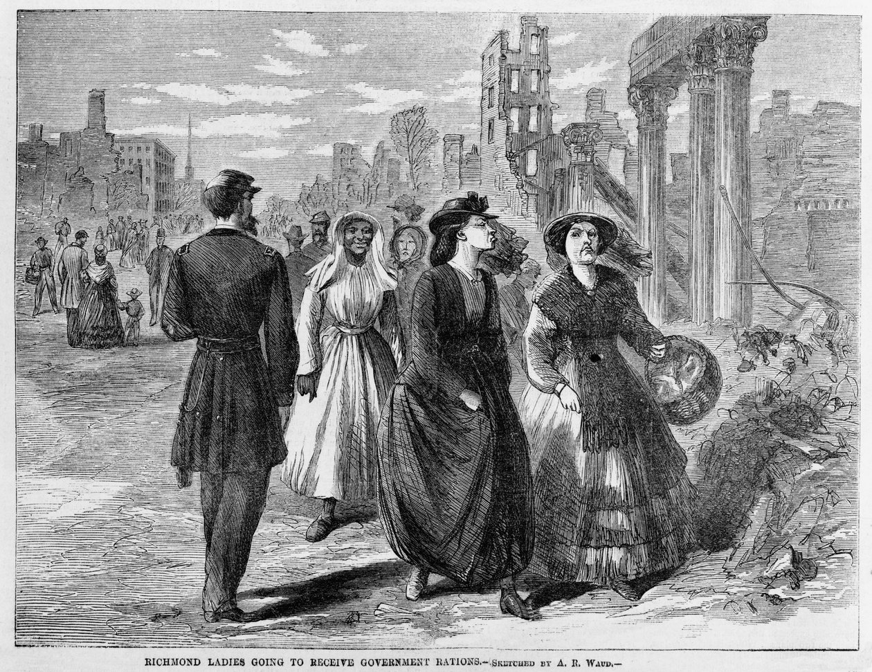Richmond Ladies obdrží vládní příděly, zveřejněné v roce 1865 od Alfred Rudolph Waud