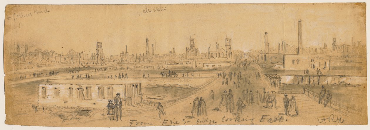 Pohled z Erie Street Bridge při pohledu na východ během požáru v Chicagu v roce 1871 od Alfred Rudolph Waud
