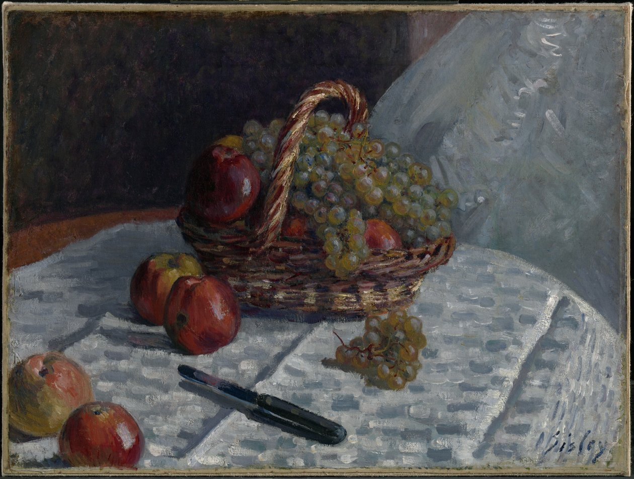 Jablka a hrozny v koši od Alfred Sisley