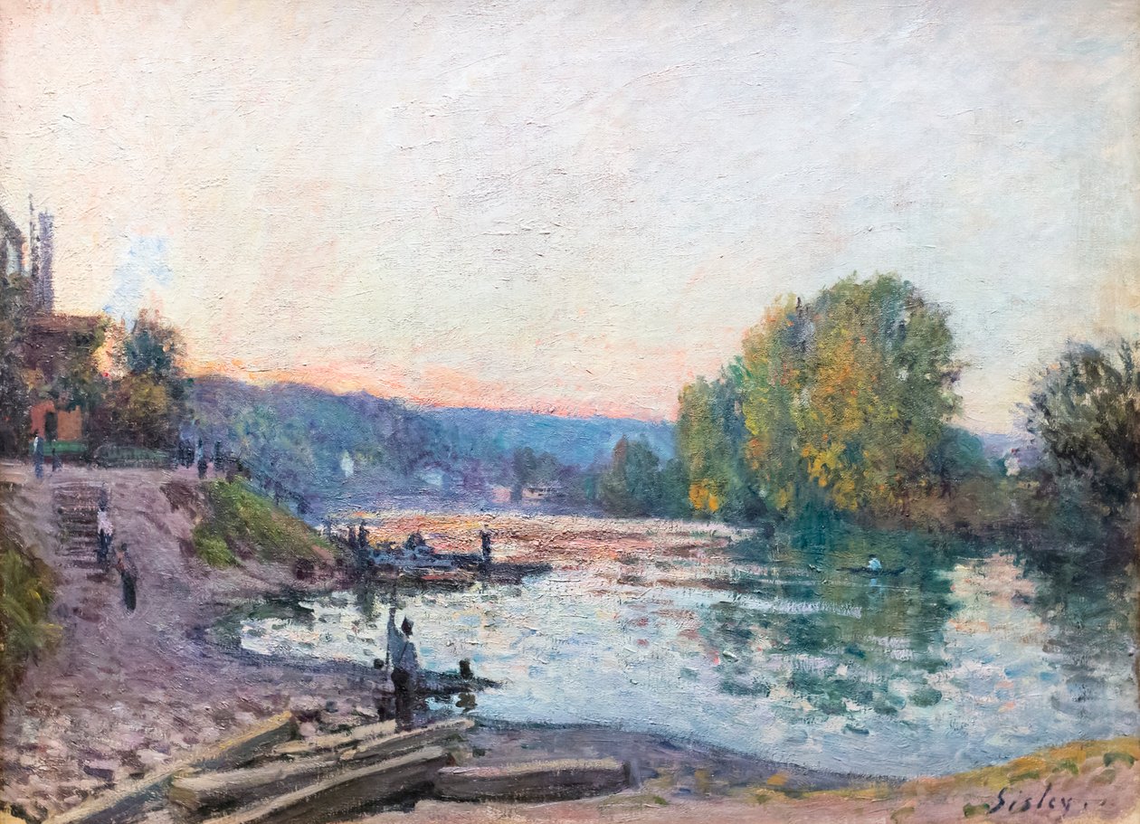 Břehy Seiny, sluneční efekt za soumraku, datum neznámé (olej na plátně) od Alfred Sisley