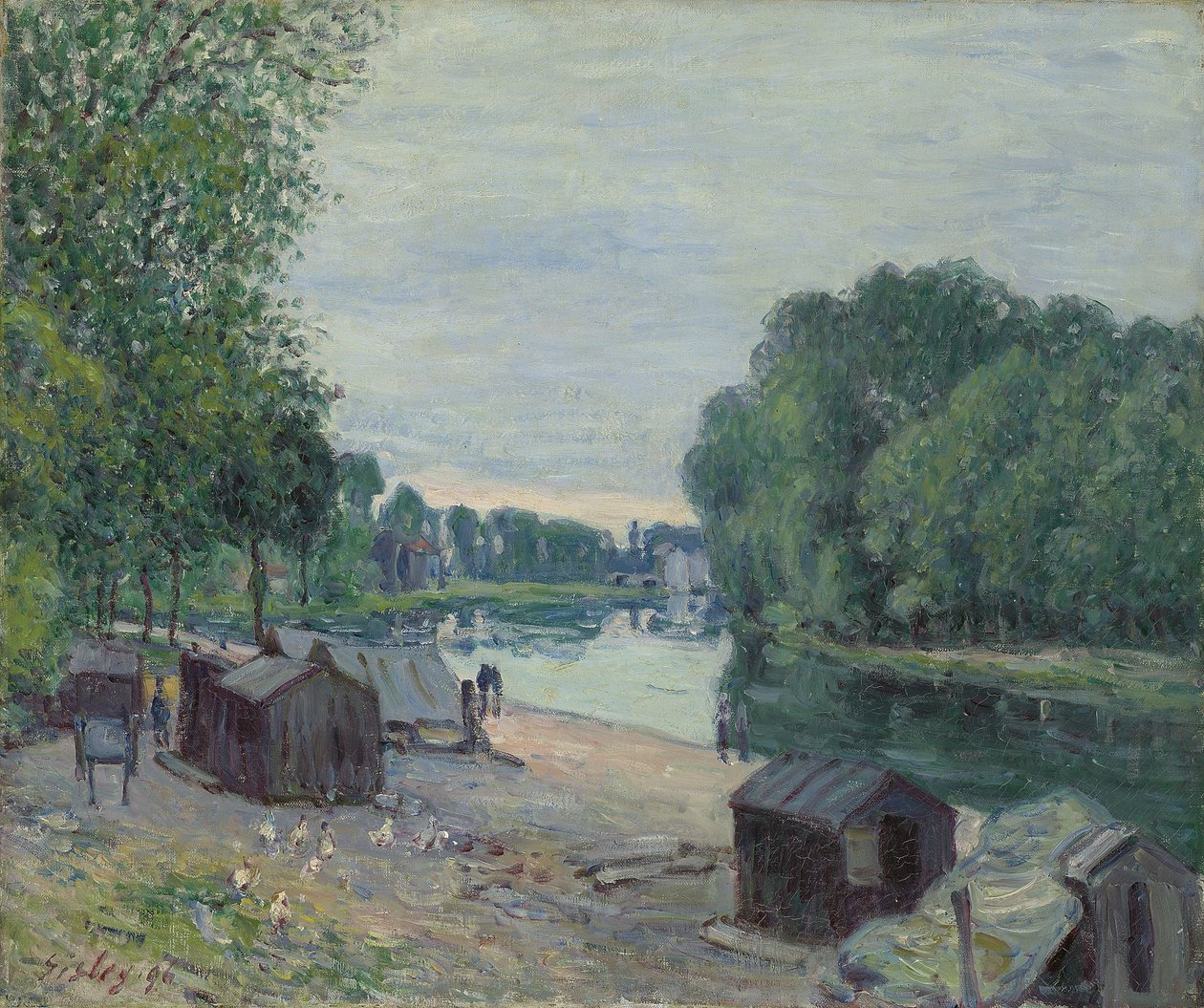 Chatrče na okraji Loingu; Cabanes au bord du Loing, 1896 od Alfred Sisley