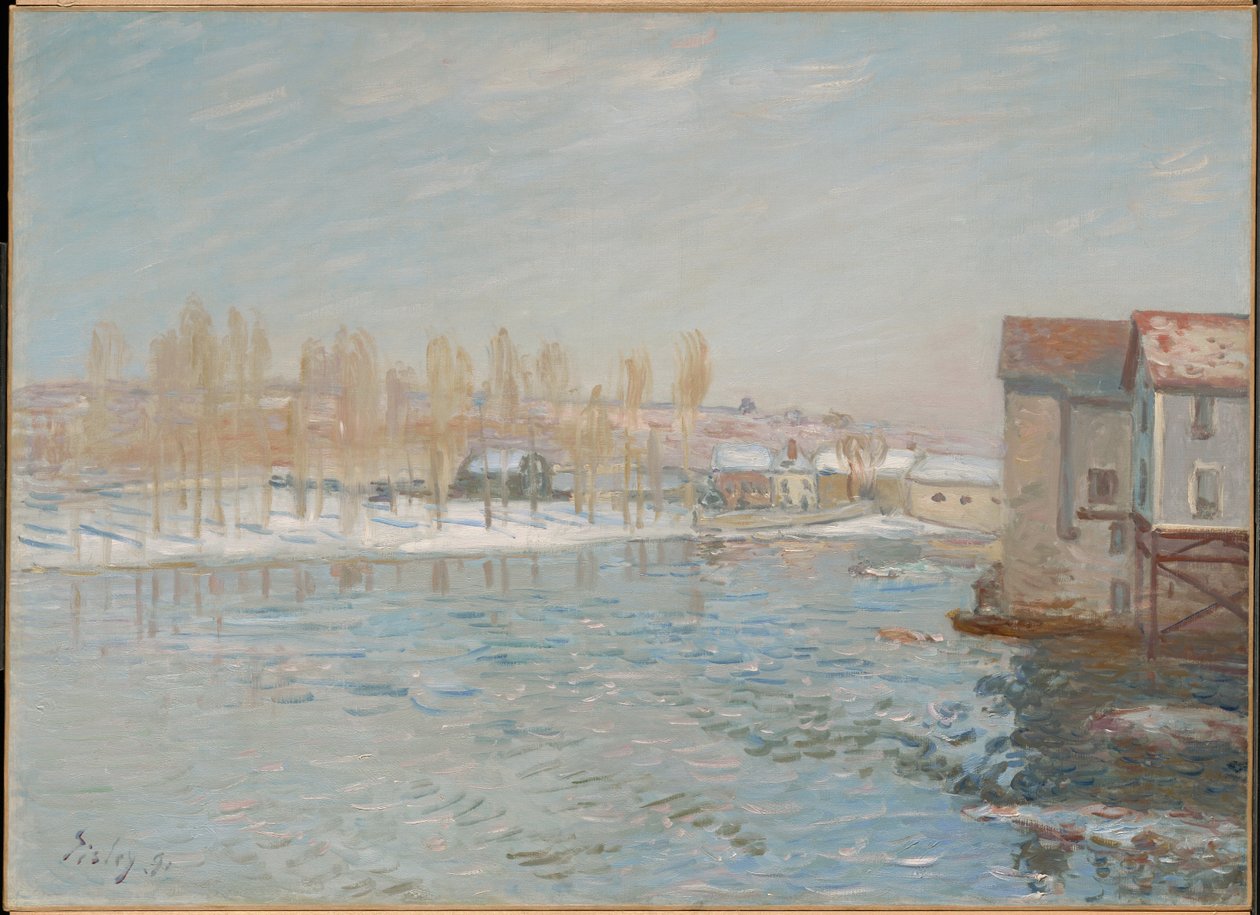 Loing a mlýny v Moretu, sněhový efekt od Alfred Sisley