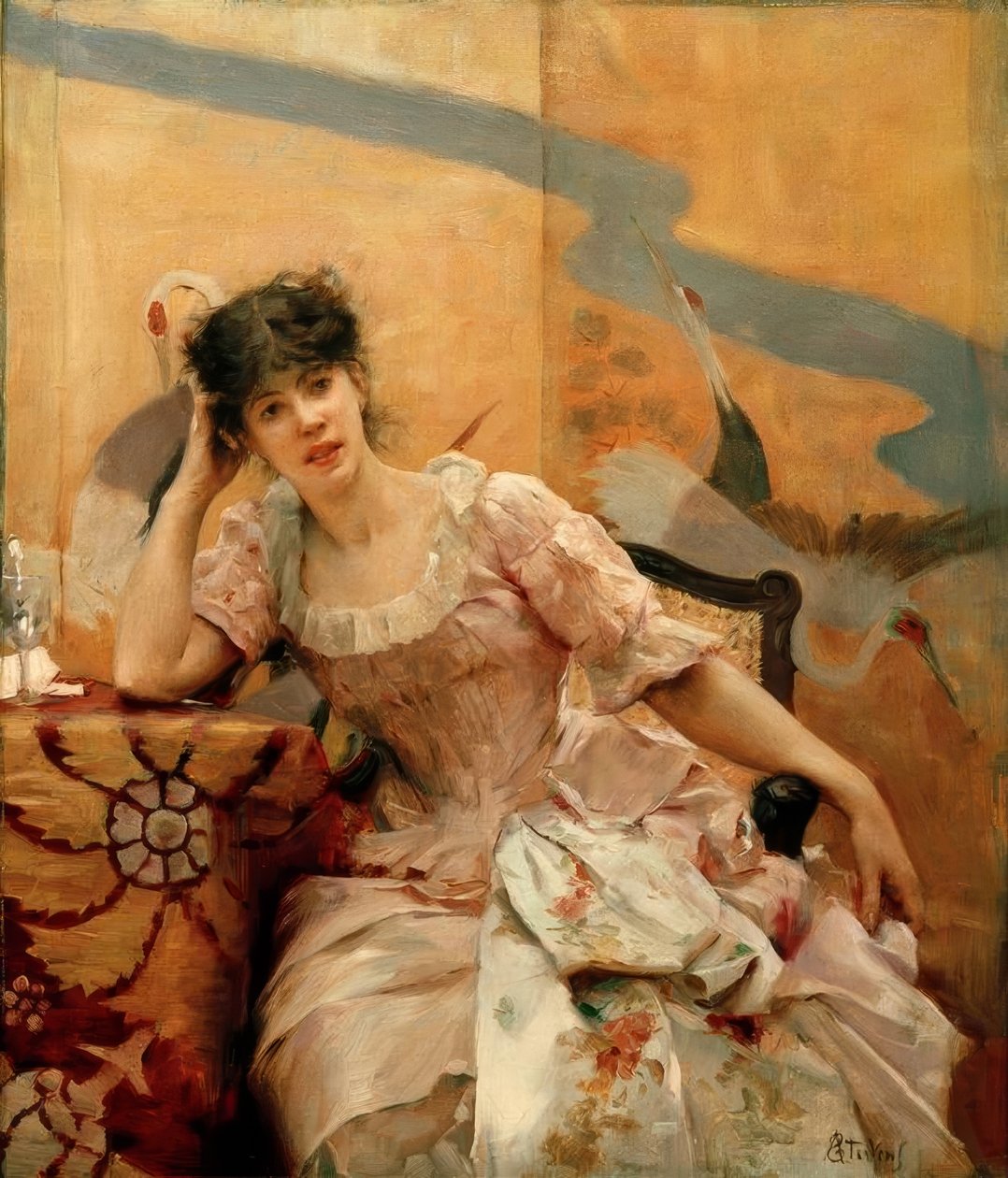 A.Stevens, Mladá žena a japonské plátno od Alfred Emile Stevens