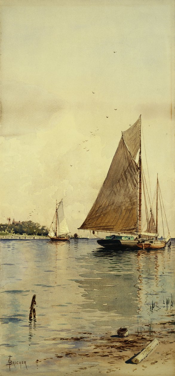 Sušení plachet, Oyster Boats, Patchogue, Long Island, od Alfred Thompson Bricher