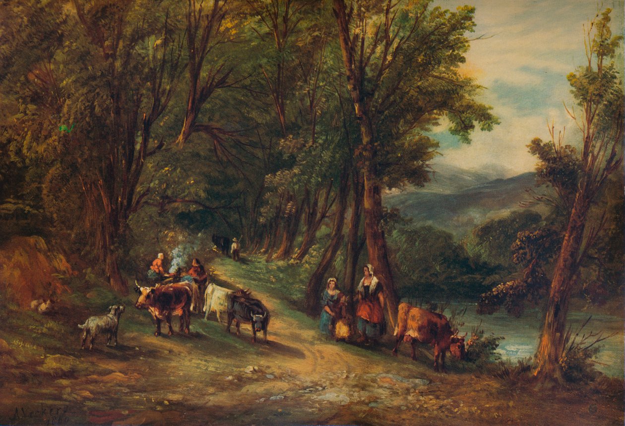„Dobytek a postavy v zalesněném údolí s potokem“, 1860, 1938 od Alfred Vickers