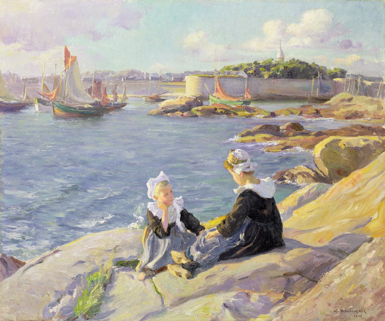 Breton Girls u přístavu, Concarneau od Alfred Victor Fournier