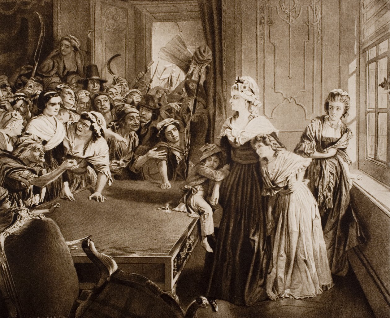 Tuileries, 20. června 1792, ilustrace z „Nástin historie“ od H. G. Wellse, svazek II, vydané v roce 1920 od Alfred W. Elmore