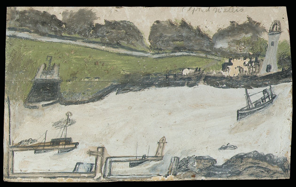 Přístavní scéna s hradem a majákem (tužka a olej na kartě) od Alfred Wallis