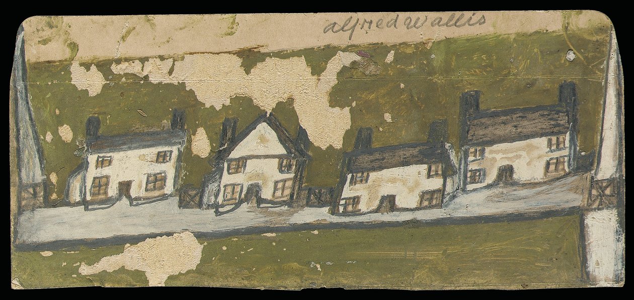 Řada čtyř chatek (olej a tužka na kartě) od Alfred Wallis