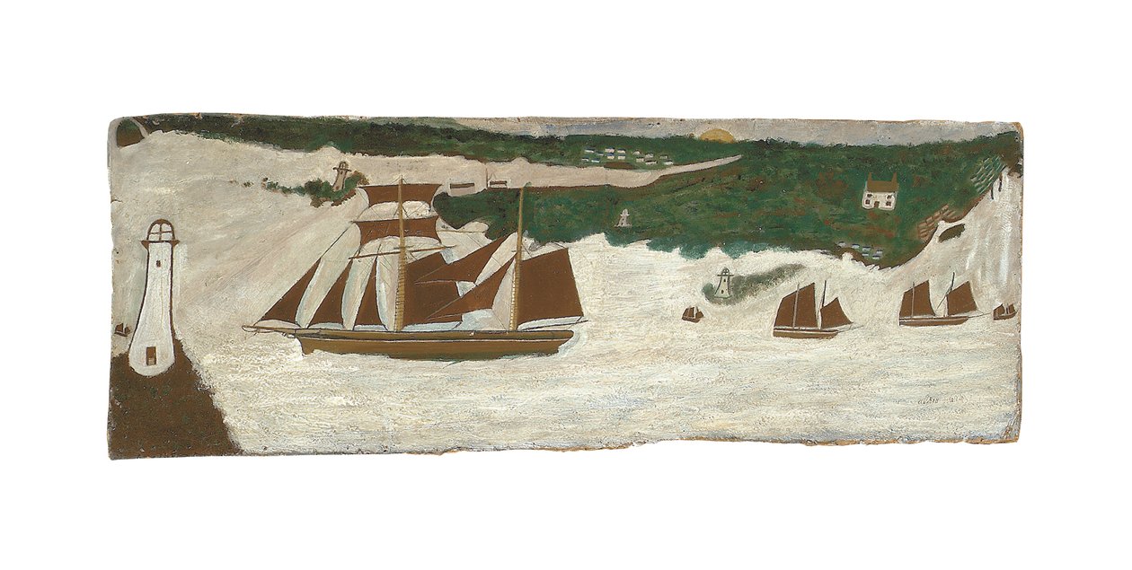Škuner proplouvající kolem majáku, cca 1855-1942 (olej na desce) od Alfred Wallis
