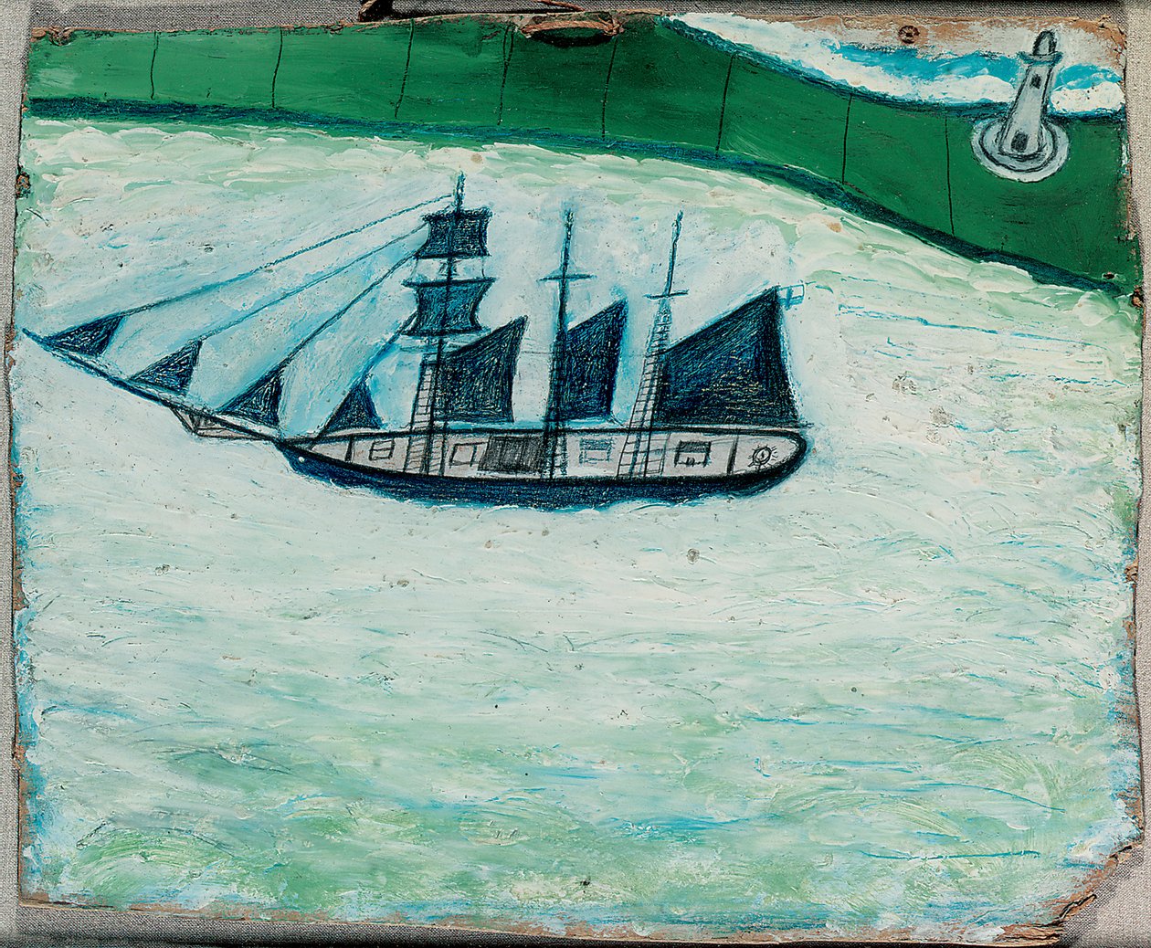 Loď a maják, cca 1925 (olej na palubě) od Alfred Wallis