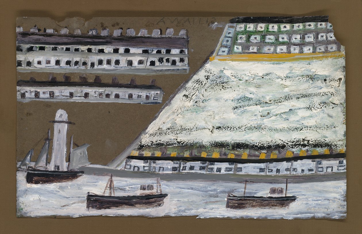 Lodě a maják, domy (tužka a olej na papíře) od Alfred Wallis
