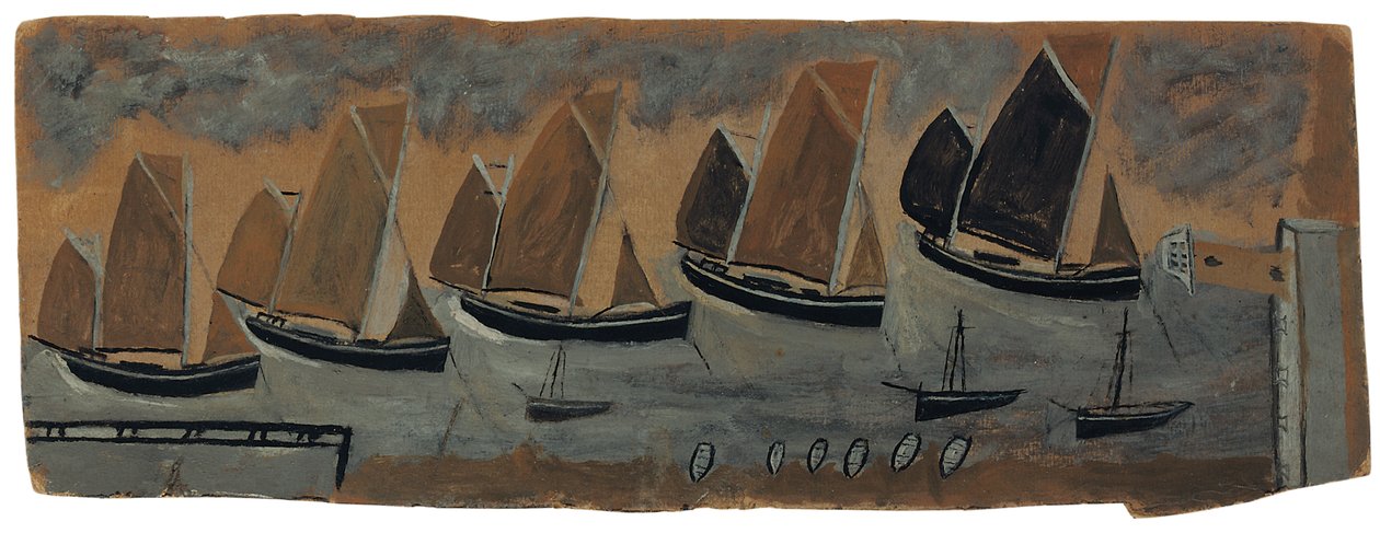 St. Ives Harbour s pěti plachetnicemi (olej a tužka na palubě) od Alfred Wallis