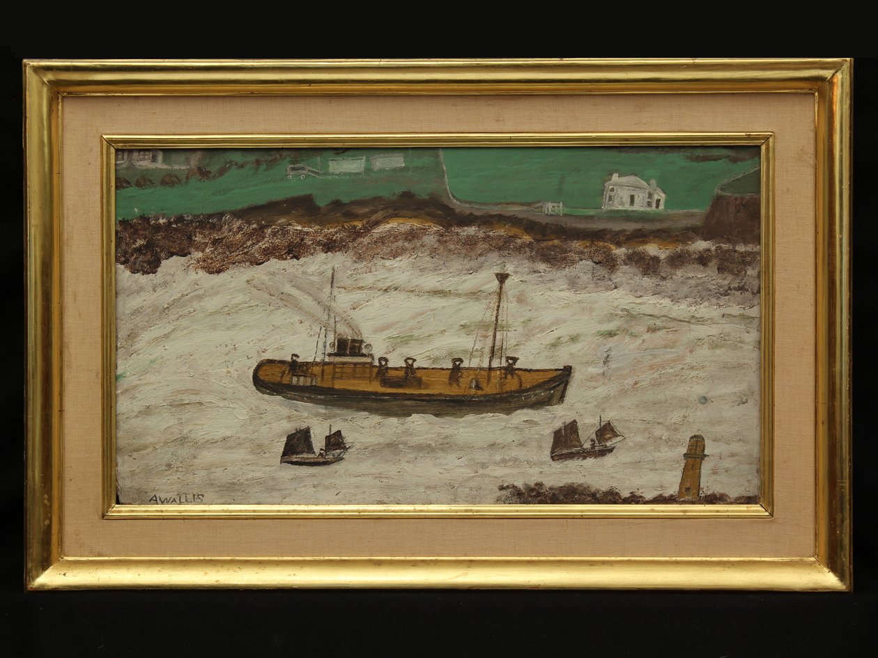 Tři lodě mezi majákem a pobřežím, kolem roku 1930 (olej na kartě) od Alfred Wallis