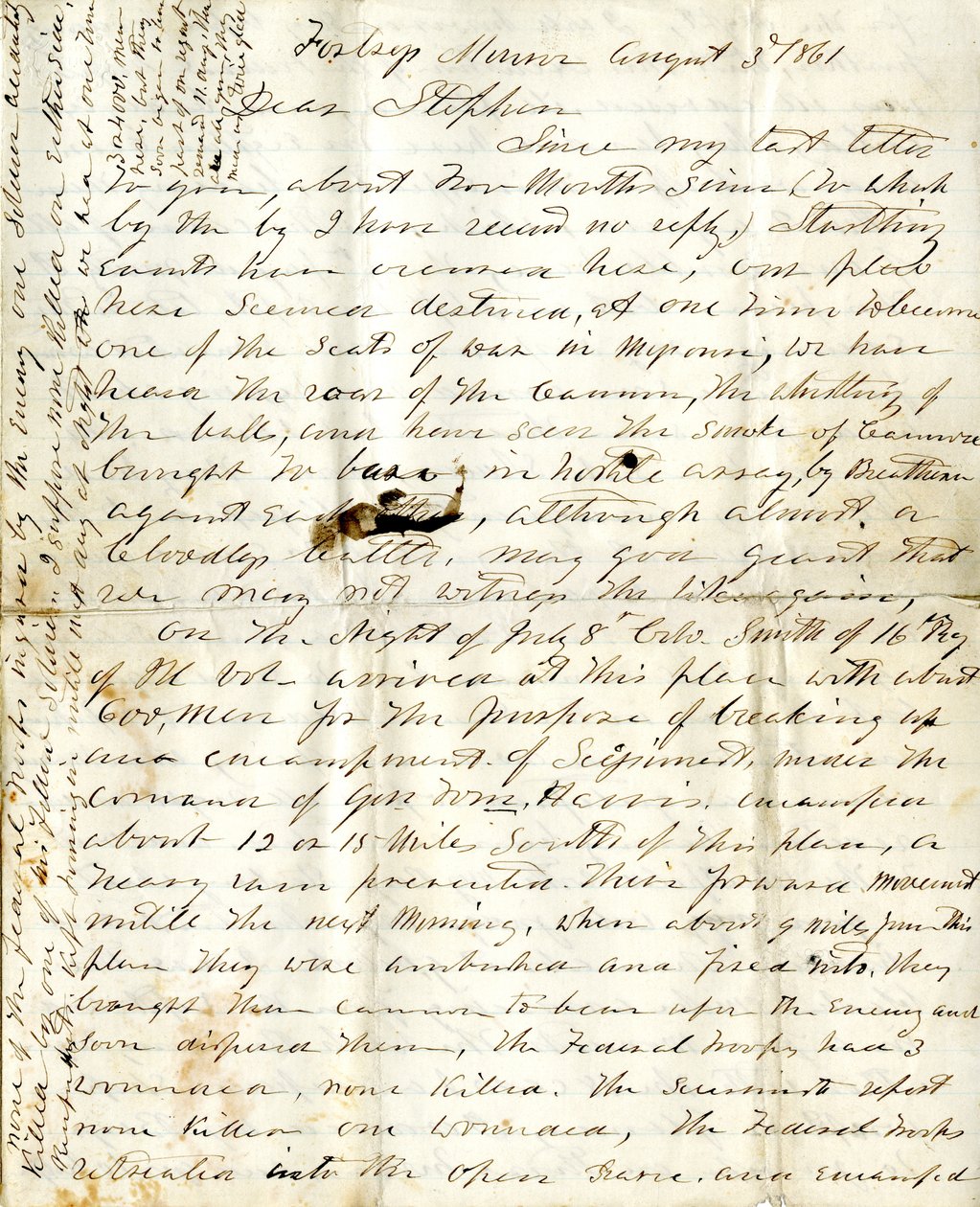 Dopis [Alfreda Warnera] Stephenovi, 3. srpna 1861 od Alfred Warner