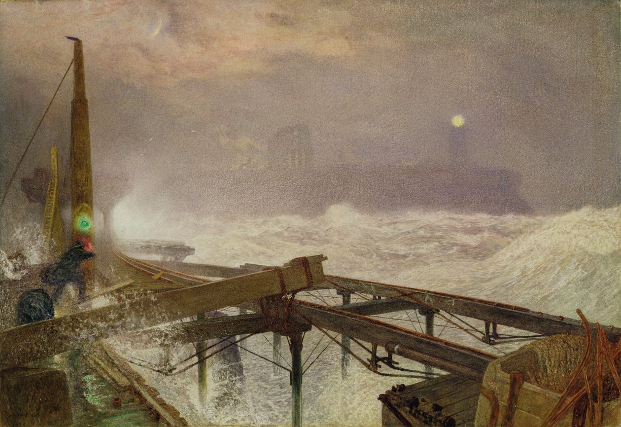Blue Lights, Teignmouth Pier - Lighting the Lamps at Sunset, 1868 (wc, barva karoserie a škrábání na papíře) od Alfred William Hunt