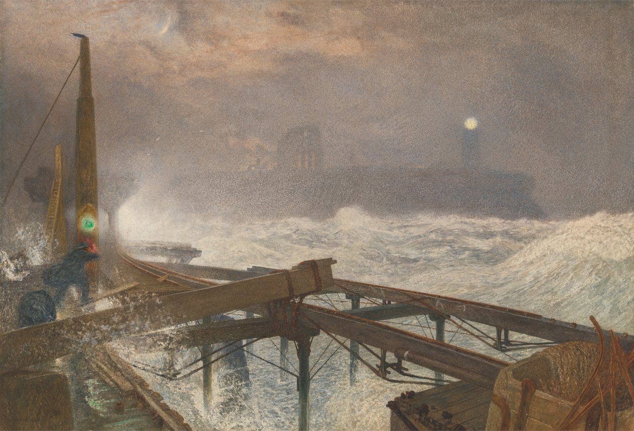 Tynemouth Pier - osvětlení lamp při západu slunce od Alfred William Hunt