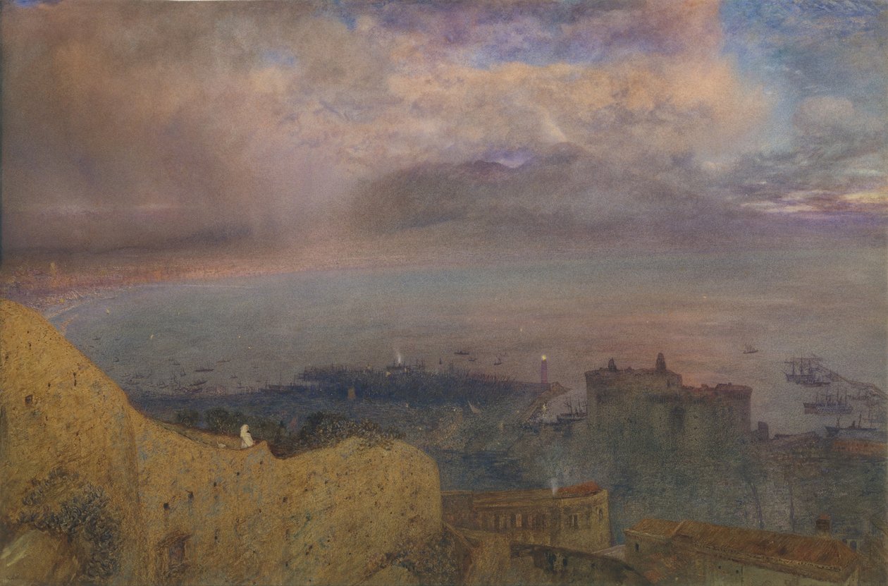 Pohled na Neapolský záliv s Vesuvem, kouření, večer na dálku, 1871. od Alfred William Hunt
