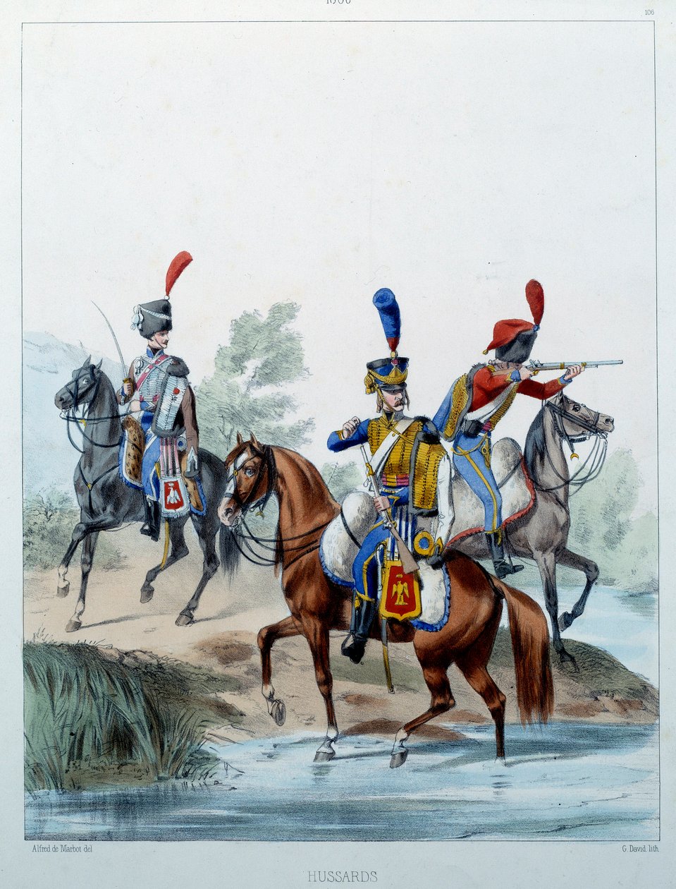 Napoleonská armáda: Husaři. Rytina Alfreda De Marbota (19. století) 1806. Malmaison, Musee Du Chateau. od Alfred de (after) Marbot