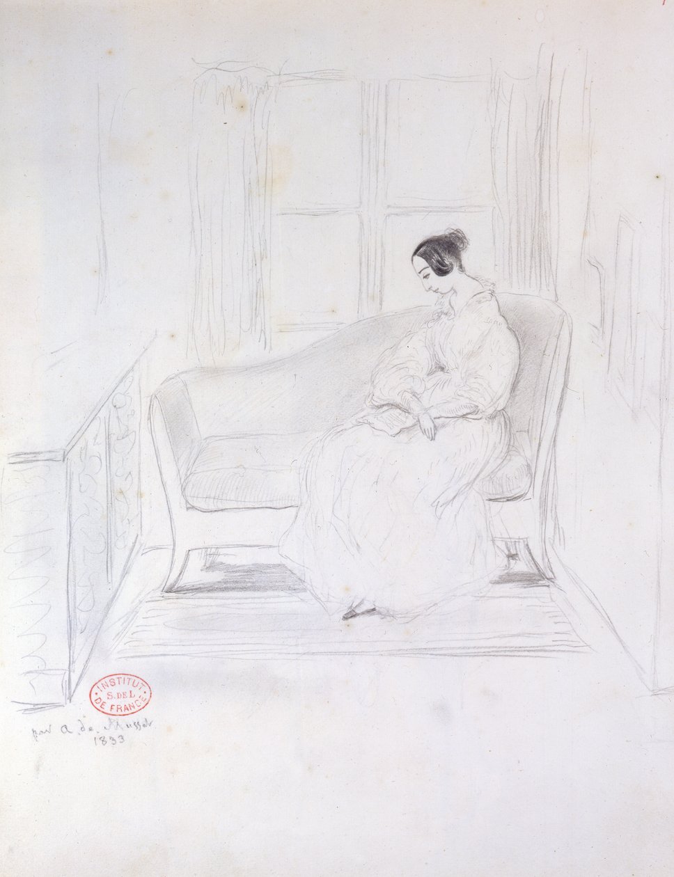 George Sand (1804-76), čtení na pohovce u okna, 1833 od Alfred de Musset