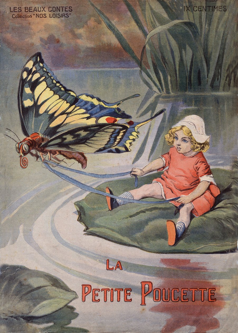 Malý Thummy. Malá holčička sedící na leknínu táhne motýla. Pohádka Hanse Christiana Andersena (1805-1875). Ilustrace Vaccariho a Carreyho ve sbírce “” Les beaux tales”” “” Nos loisirs””” kolem roku 1910. Soukromá sbírka. od Alfredo and Carrey Vaccari