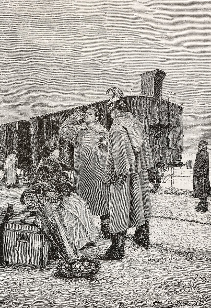Five Minutes Stop, dva muži stojící u vlaku přestávají pít a jíst, rytina z obrazu Alfreda Luxoro (1859-1918), z L